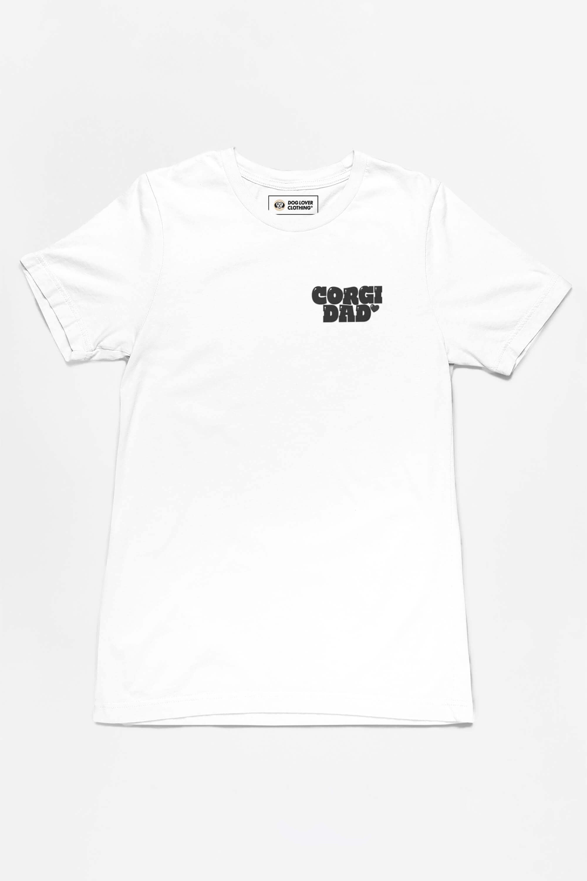 The Corgi Dad Ultimate Tribute T-Shirt by Dogloverclothing.com is a unisex white tee showcasing a Corgi Dad black graphic on the left chest, ideal for dog enthusiasts. Its presented on a plain white backdrop.