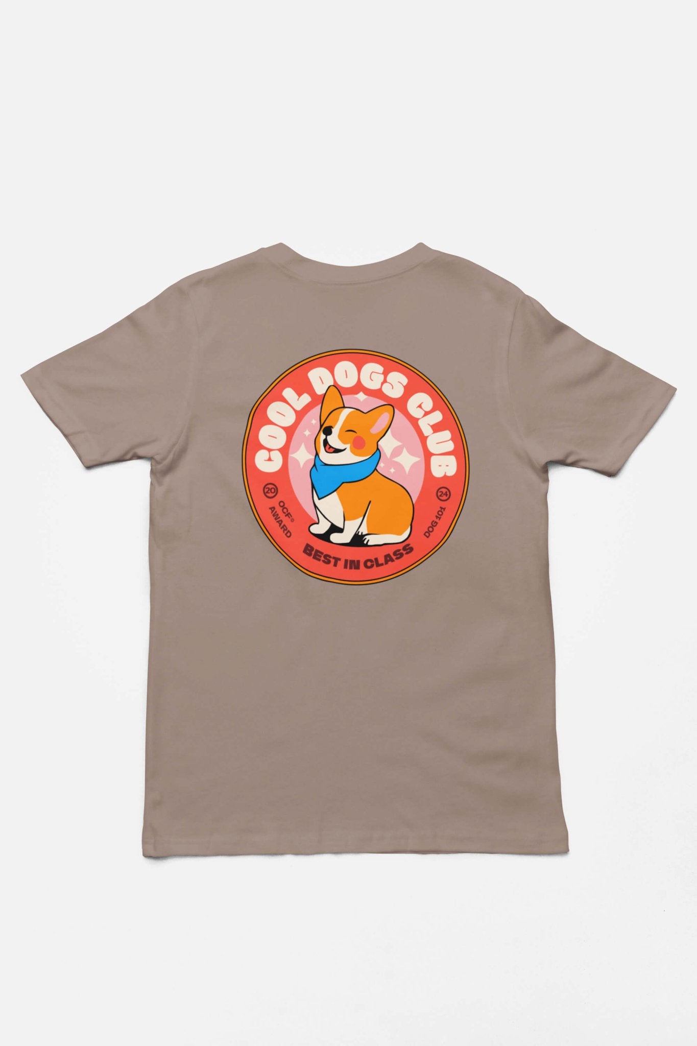 The Cool Dogs Club Unisex Hype T-Shirt by Dogloverclothing.com features a cartoon corgi in sunglasses and scarf with Best in Class text on the bottom of the circle. This gray tee is perfect for dog lovers showcasing their playful spirit.