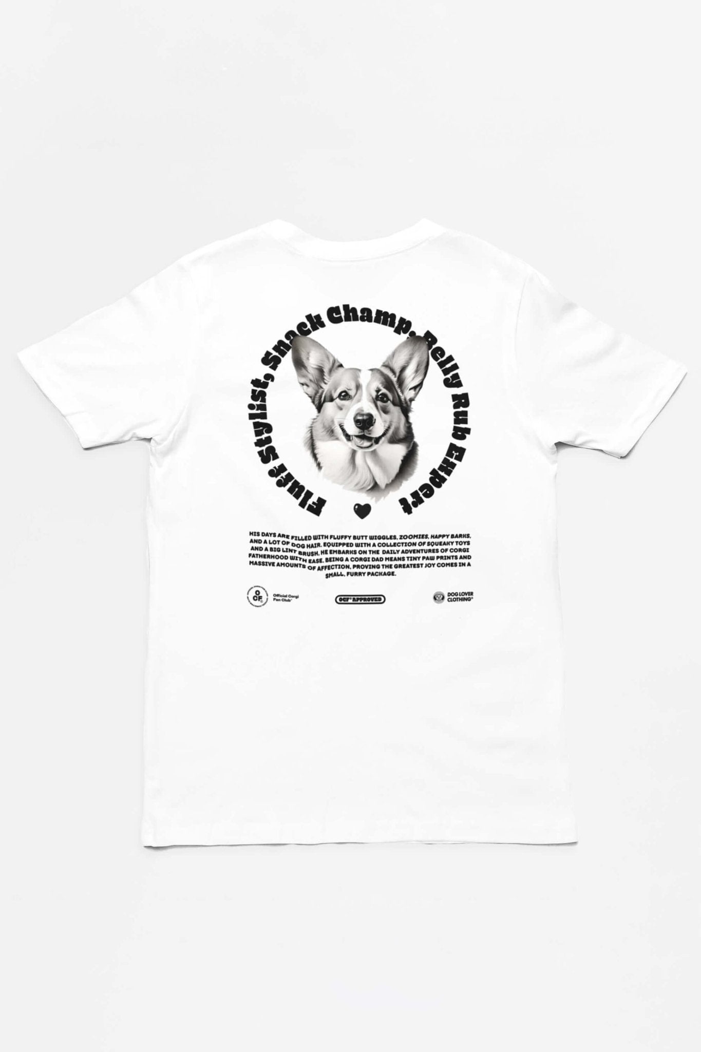 The Corgi Dad Ultimate Tribute T-Shirt from Dogloverclothing.com is a unisex white tee featuring a corgi illustration and Public Figure & Snack Champ text in a circular design on the back, perfect for dog lovers.