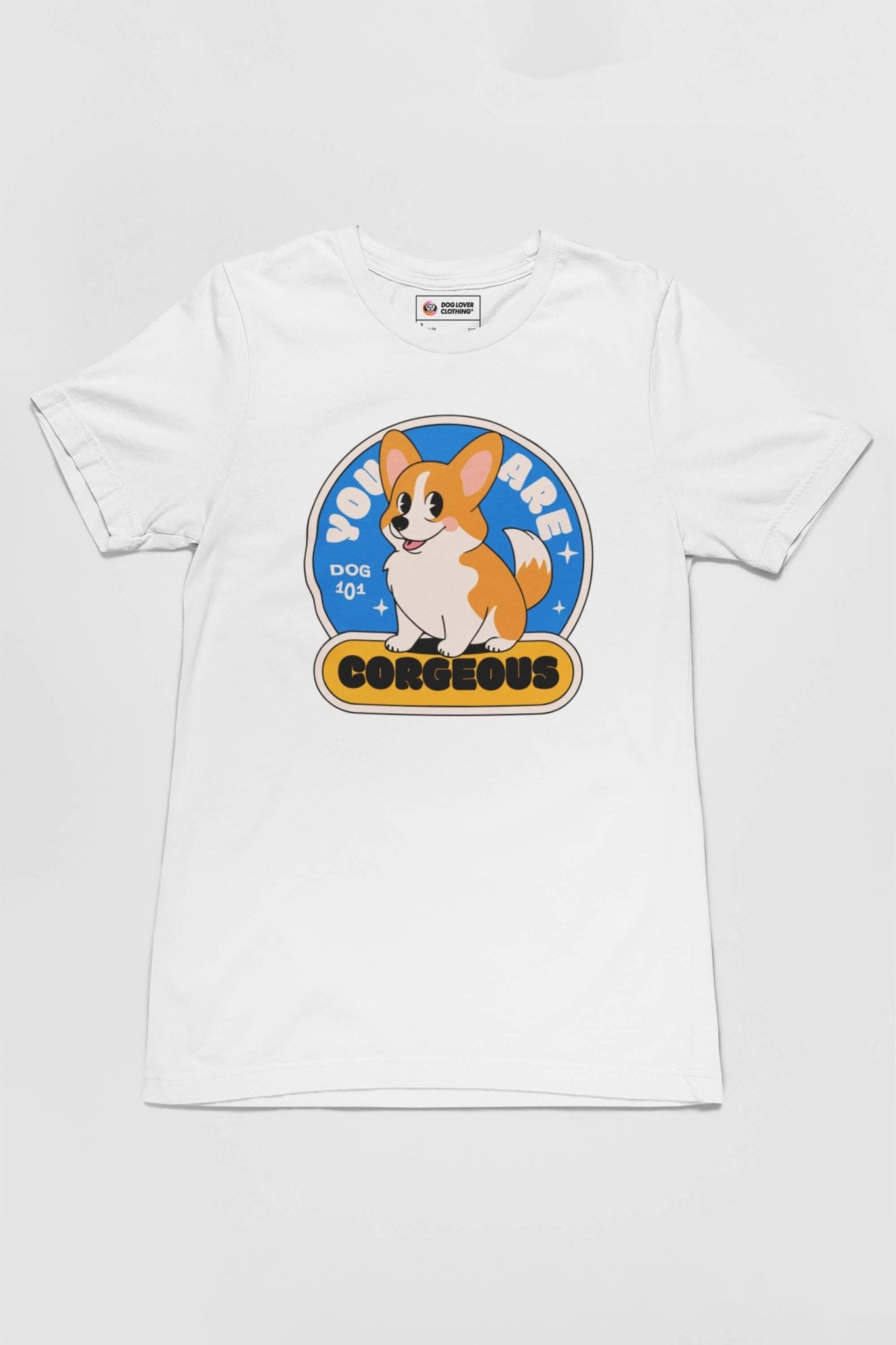 Explore the You are Corgeous Supreme T-Shirt from Dogloverclothing.com, crafted for dog enthusiasts. This premium white cotton tee features a cartoon corgi with You Are Corgeous in bold font on a circular blue backdrop accented with stars.