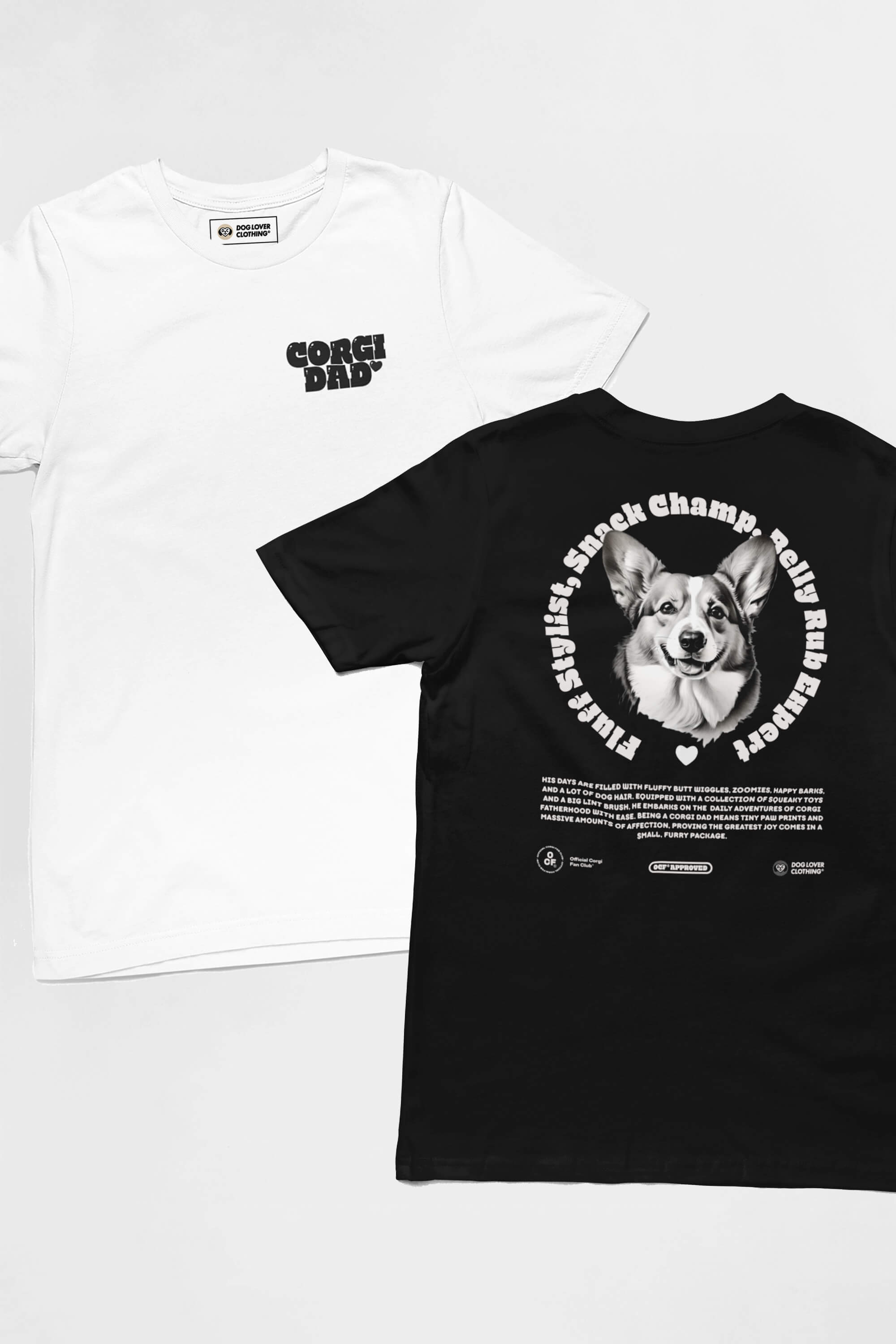 Two unisex-fit t-shirts are flat, featuring the Corgi Dad Ultimate Tribute T-Shirt by Dogloverclothing.com. The white shirt has black text, perfect for dog lovers, while the black one shows a corgi image with playful circled text. Both have branding tags at the collar.