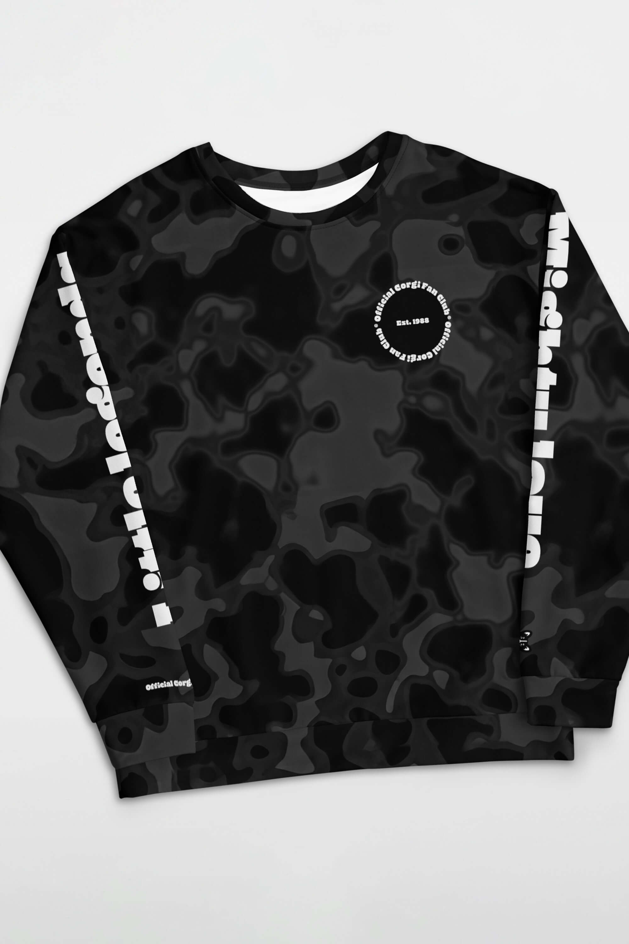 The Dogloverclothing.com Official Corgi Fan Club© Elite Camo Sweatshirt features black and gray camo, “Futr Gera” in white on the sleeves, and a chest logo reading “estited gera! presents futr gera est. 2024.”.