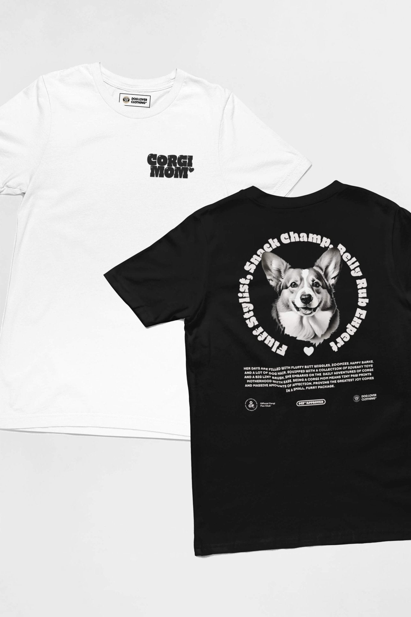 On a white background, two t-shirts: Dogloverclothing.coms Corgi Mom Ultimate Tribute T-Shirt in premium fabric, ideal for dog lovers, and a black tee displaying a playful corgi graphic with phrases like Snack Champ, Belly Rub Expert, and First Class Sidekick.