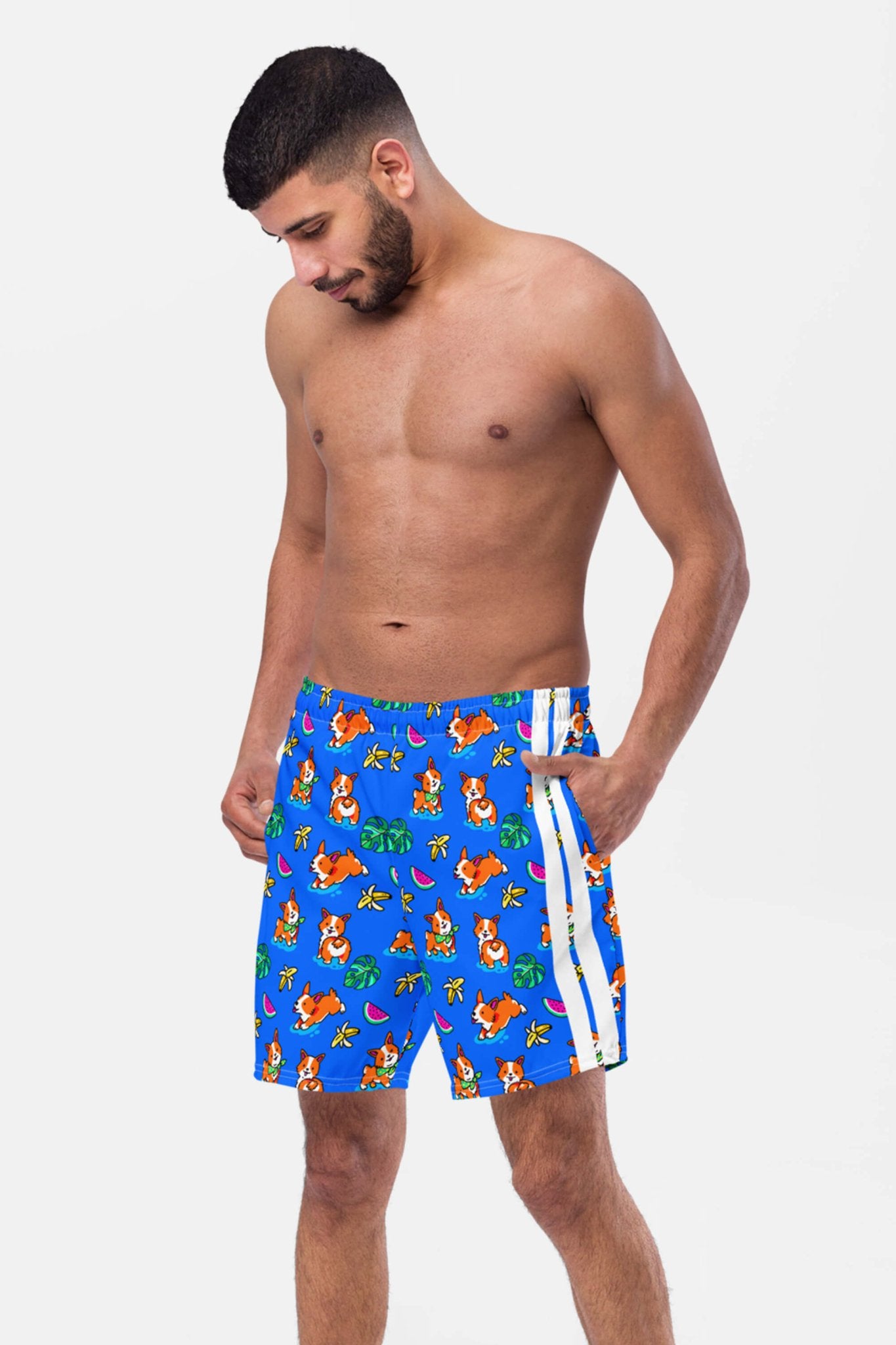 Tropical Corgi Beach Party Premium Swim Shorts.