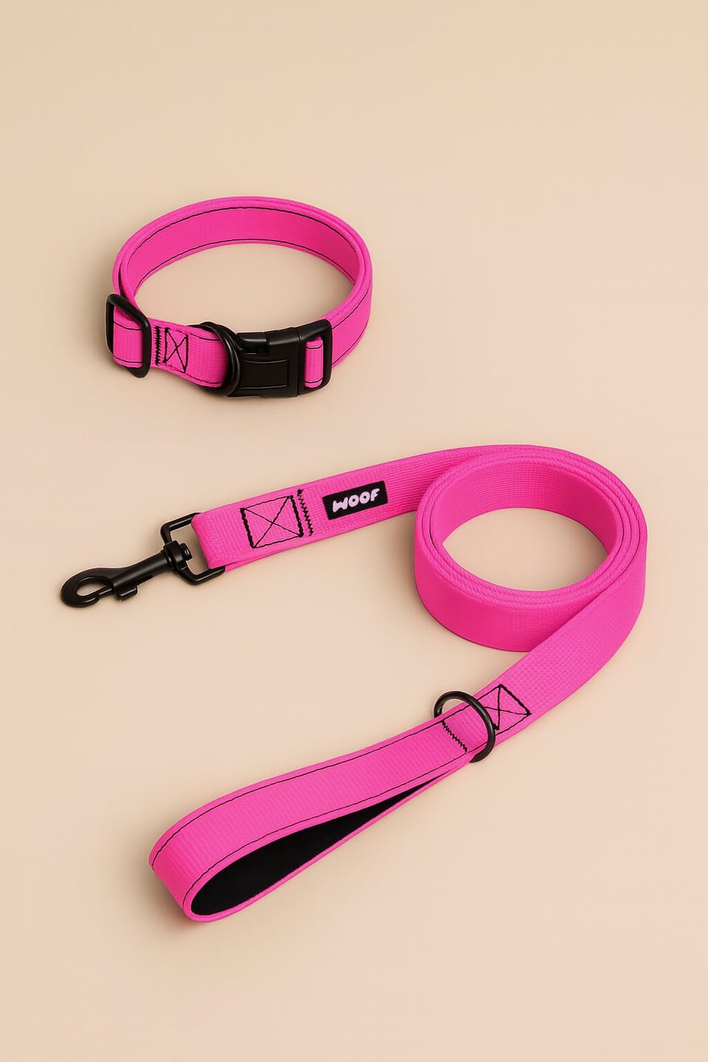 Neon Pink Dog Collar & Leash Set - WOOF