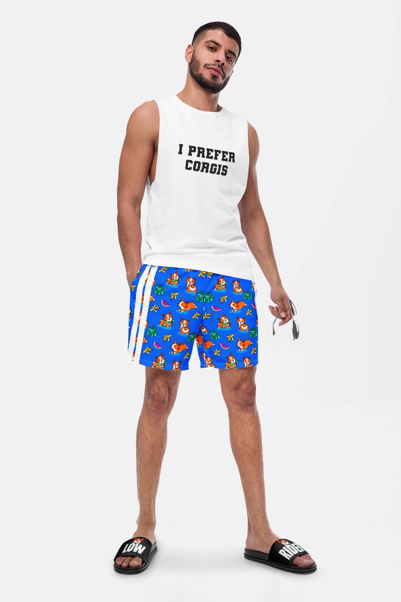 Tropical Corgi Beach Party Premium Swim Shorts.