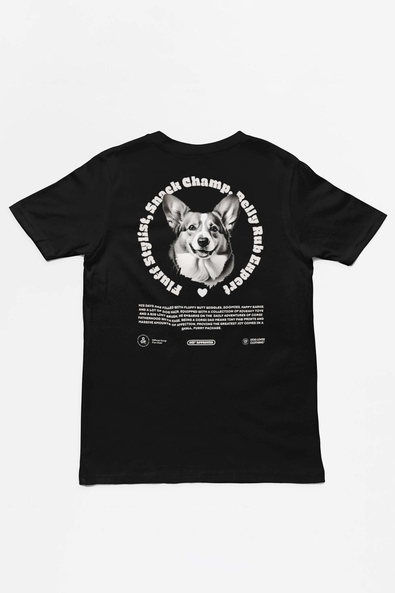 The Corgi Dad Ultimate Tribute T-Shirt by Dogloverclothing.com is a black unisex tee featuring a central Corgi image with the text Phillys Smallest Shake Shack Champ Rally April 22nd. Perfect for dog lovers, it includes additional text and logos below the image.