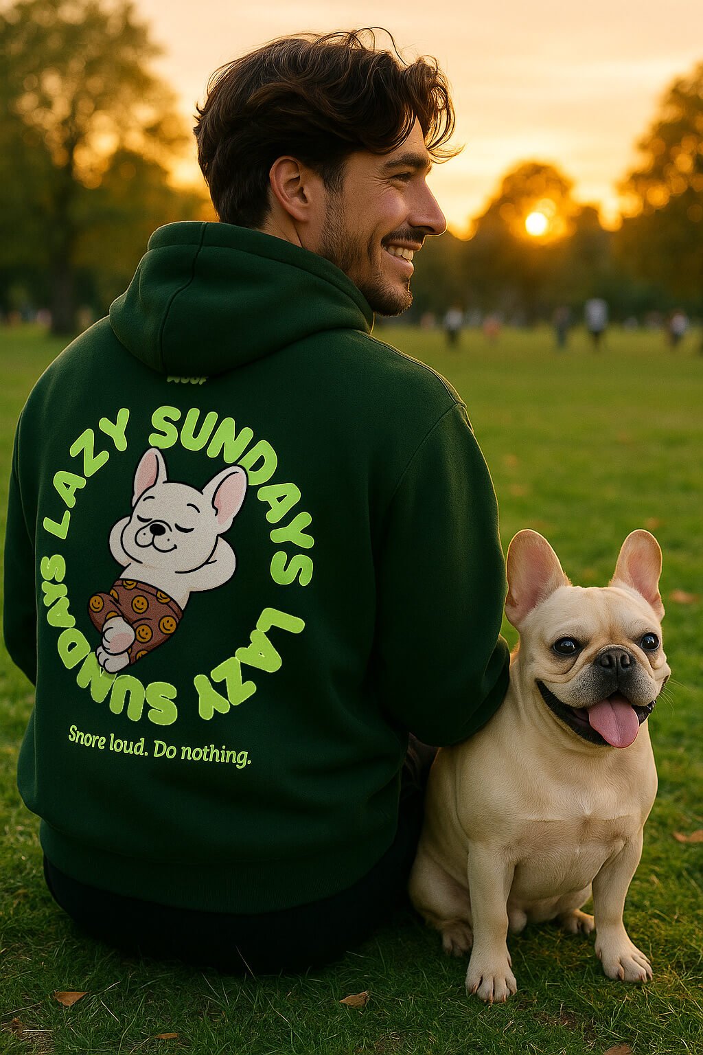 Cozy Lazy Sundays Unisex Frenchie Hoodie.