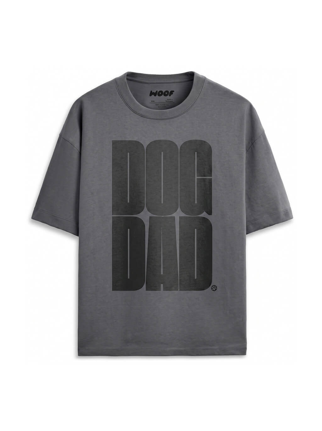 Faded black Oversized Dog Dad T-Shirt from WOOF, front view of the print