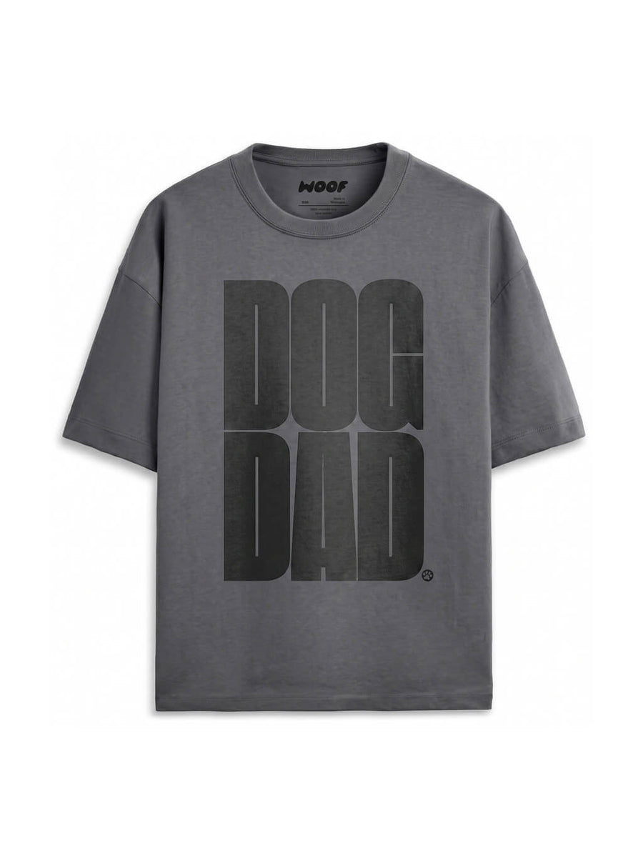 Faded black Oversized Dog Dad T-Shirt from WOOF, front view of the print
