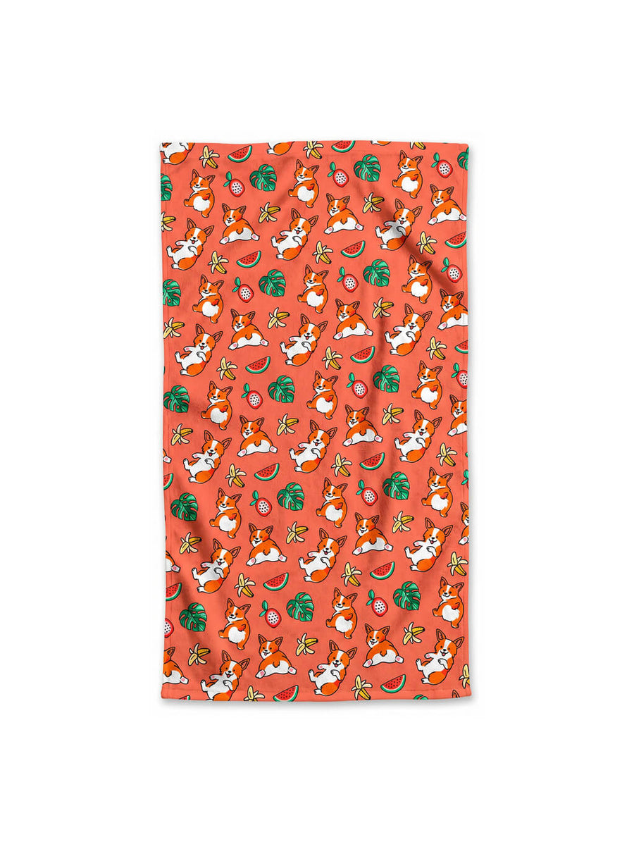 Orange Tropical Corgi Chill Out Towel from WOOF, front view of the print