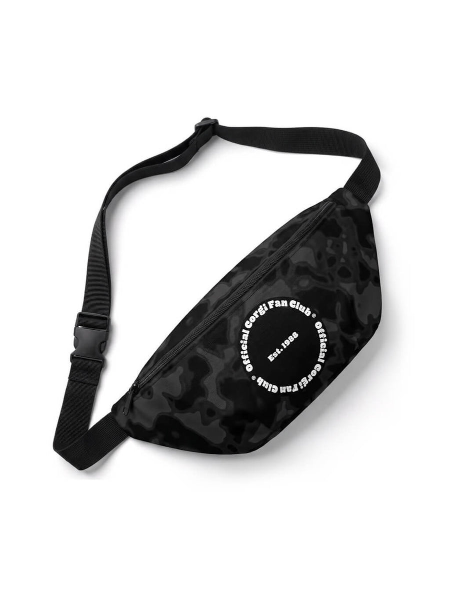 Black camo Corgi Fan Club Camo Fanny Pack from WOOF, front view