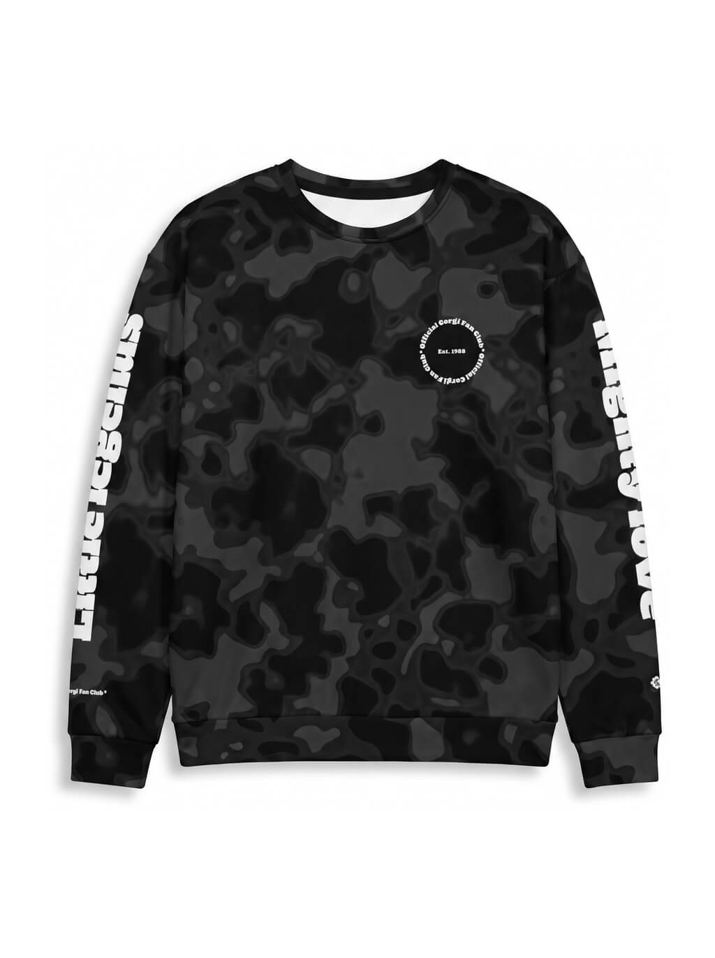 Black camo Corgi Fan Club Camo Sweatshirt from WOOF, front view