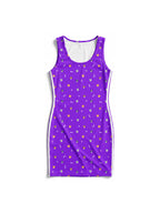Purple Violet Corgi Vibes Bodycon Dress from WOOF, front view of the all over print