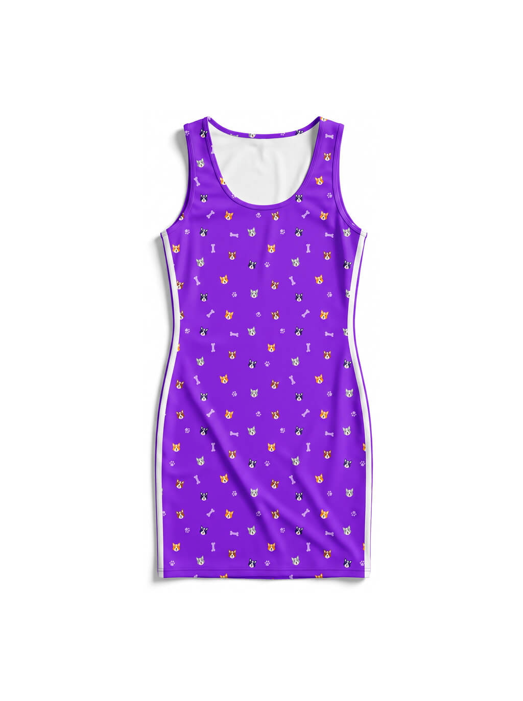 Purple Violet Corgi Vibes Bodycon Dress from WOOF, front view of the all over print