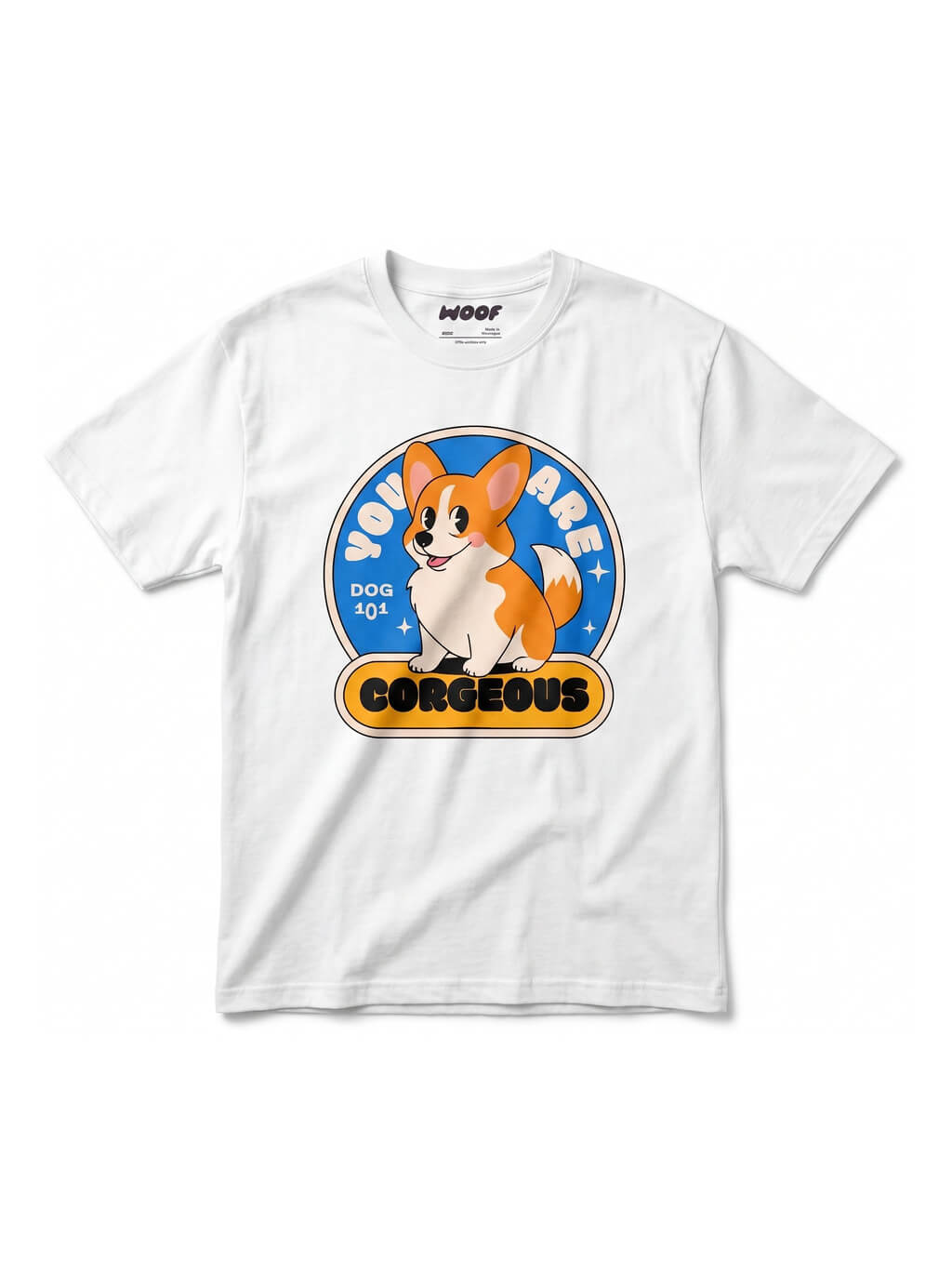 White Corgeous Corgi T-Shirt from WOOF, front view of the print