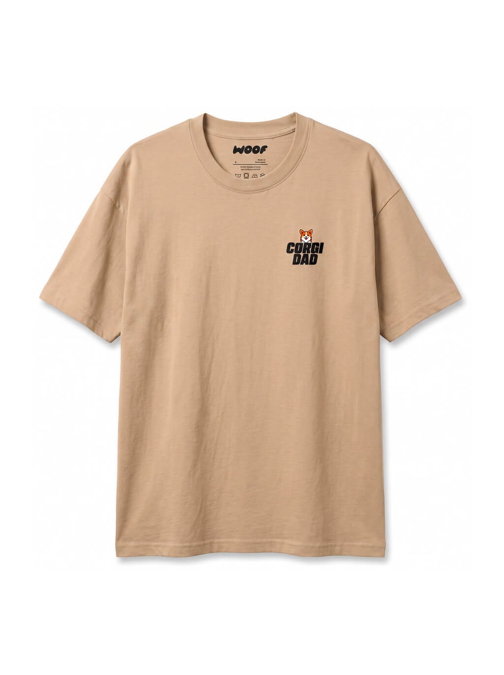 Beige Corgi Dad T-Shirt from WOOF, front view of the print