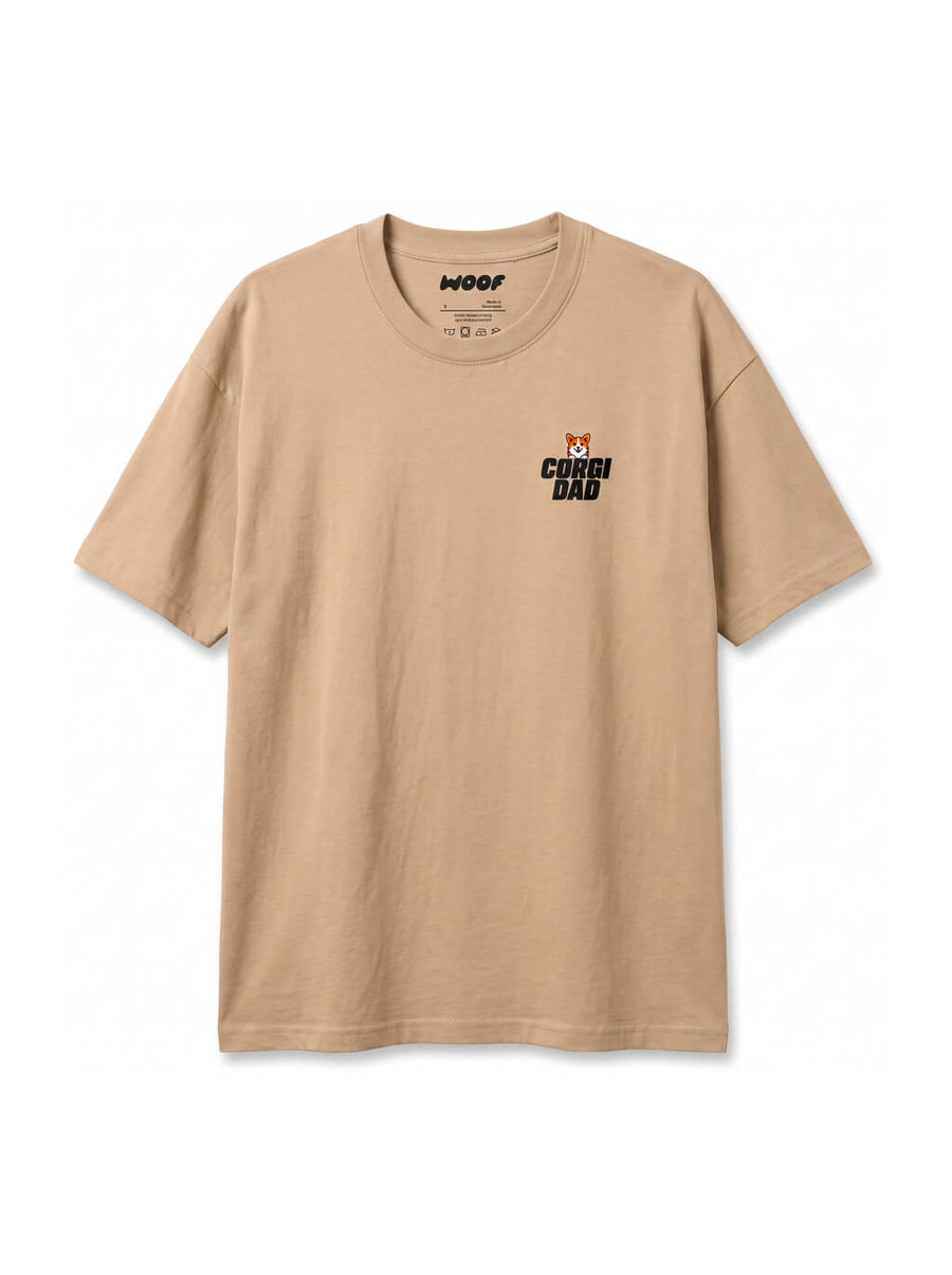 Beige Corgi Dad T-Shirt from WOOF, front view of the print