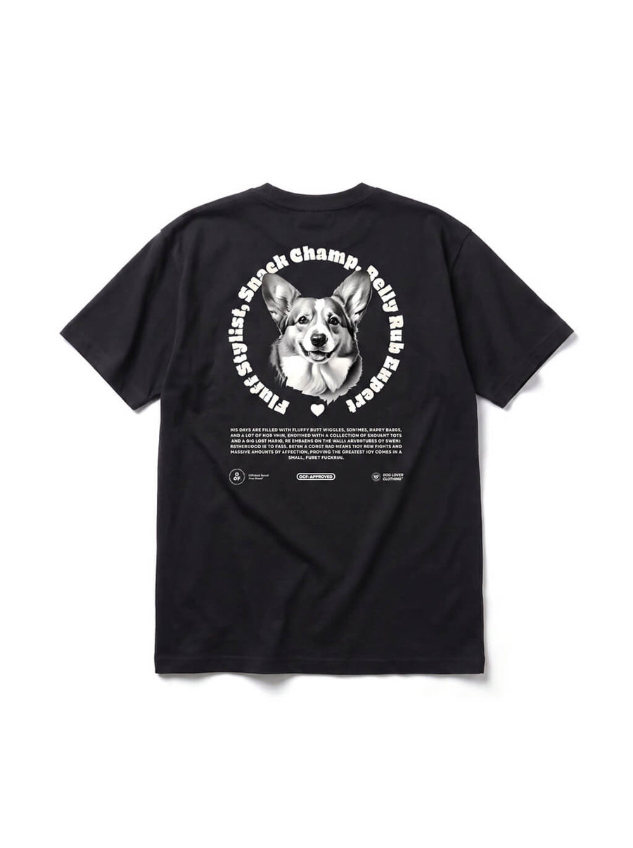 Back of the black Corgi Dad Tribute T-Shirt from WOOF