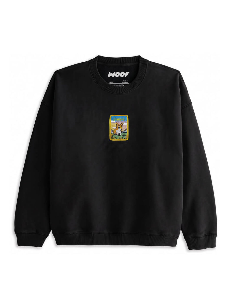 Black Embroidered Corgi Sweatshirt from WOOF, front view of the embroidery