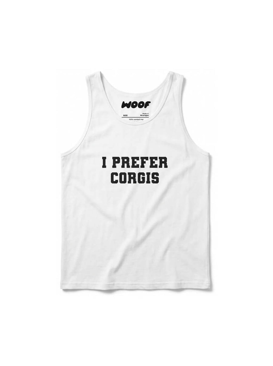 White I Prefer Corgis Tank Top from WOOF, front view of the print