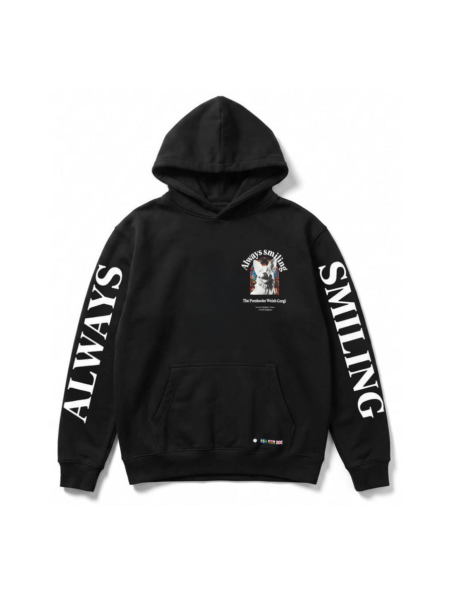 Black Corgi Supreme Hoodie from WOOF, front view