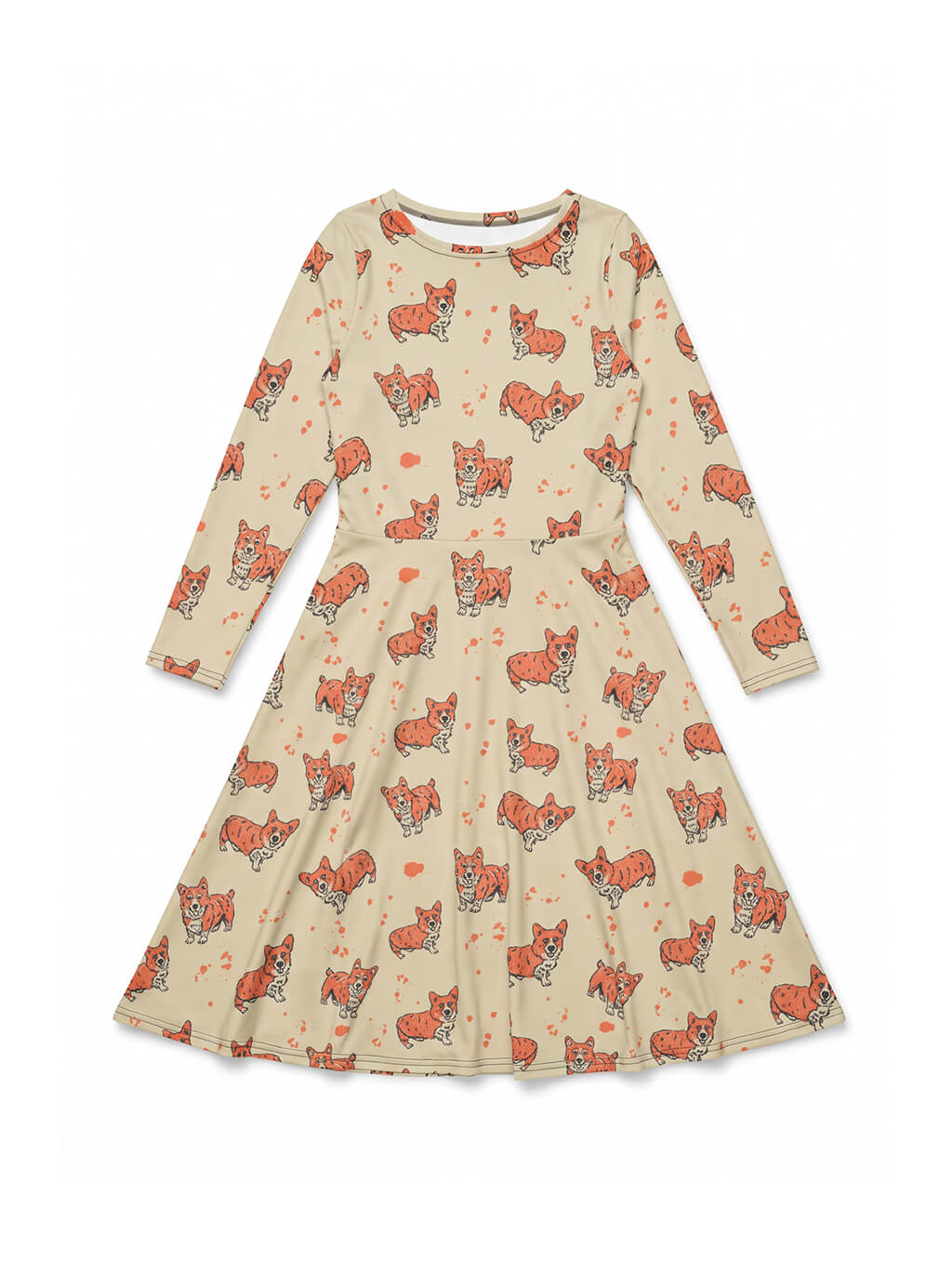 Cozy Corgi Long Sleeve Midi Dress
