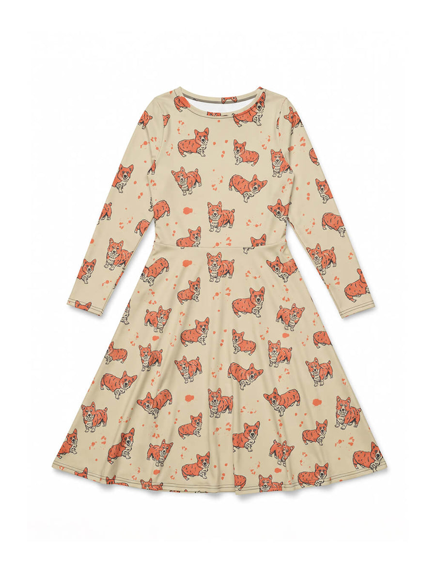 Cozy Corgi Long Sleeve Midi Dress from WOOF, front view of the all over print
