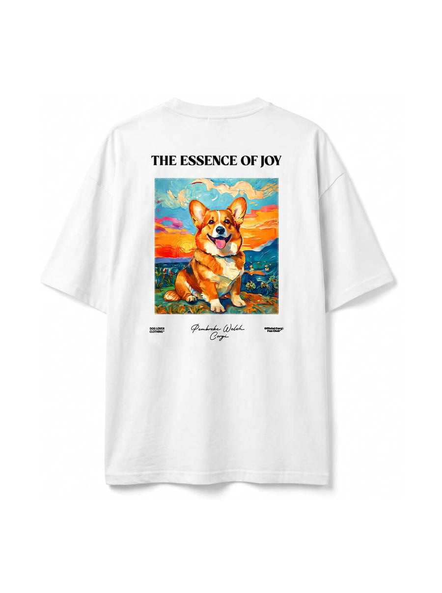 White Corgi Joy T-Shirt from WOOF, front view of the print