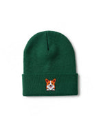 Green Corgi Patch Beanie from WOOF, front view of the embroidered patch