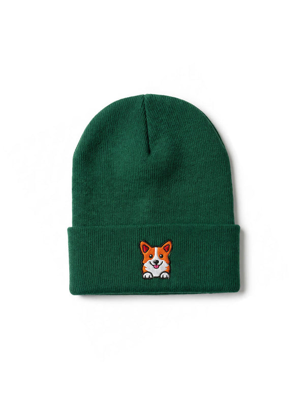 Green Corgi Patch Beanie from WOOF, front view of the embroidered patch