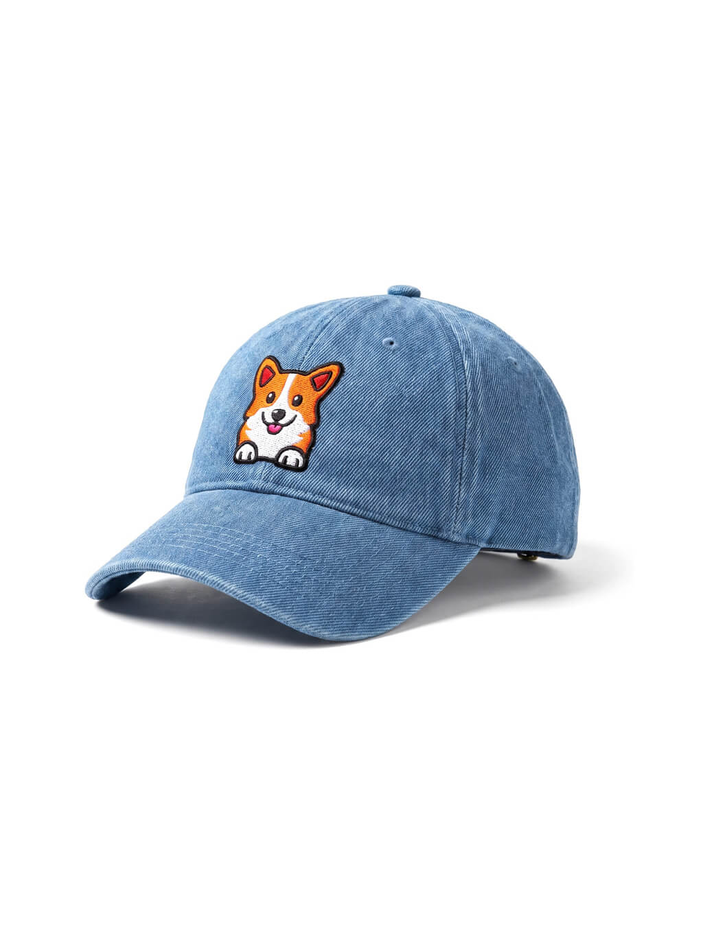 Blue Corgi Denim Cap from WOOF, front view of the patch