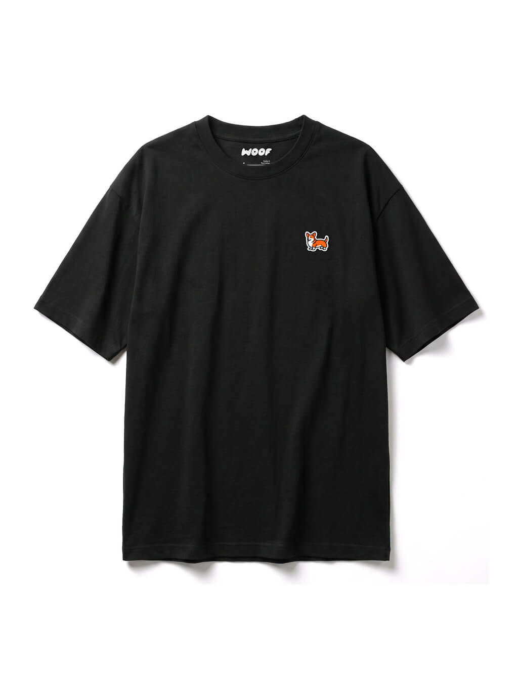 Black corgi patch embroidered T-Shirt from WOOF, front view