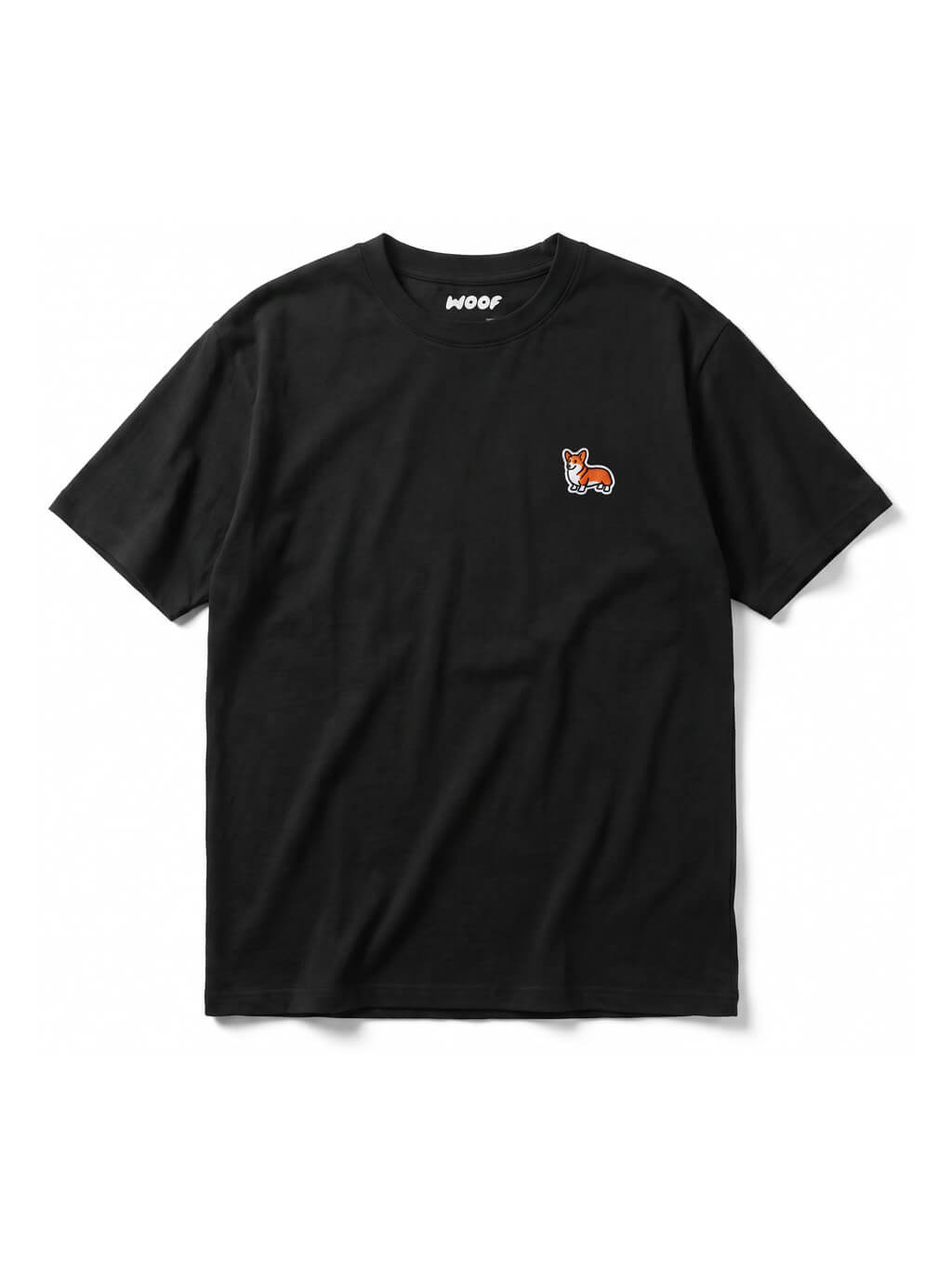 Black corgi patch embroidered T-Shirt from WOOF, front view of the patch