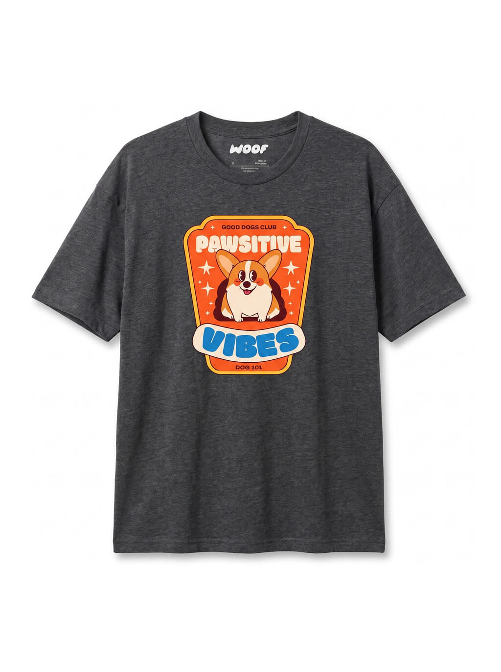 Heather black Pawsitive Vibes Corgi T-Shirt from WOOF, front view