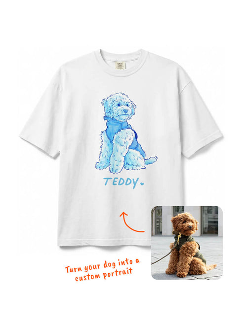 White Custom Dog Caricature T-Shirt from WOOF, front view of the portrait