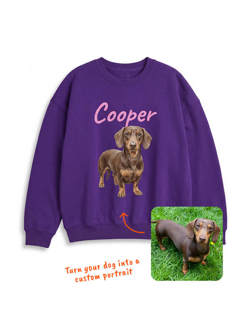 Purple Custom Dog Illustration Sweatshirt from WOOF, hand illustrated portrait from your photo