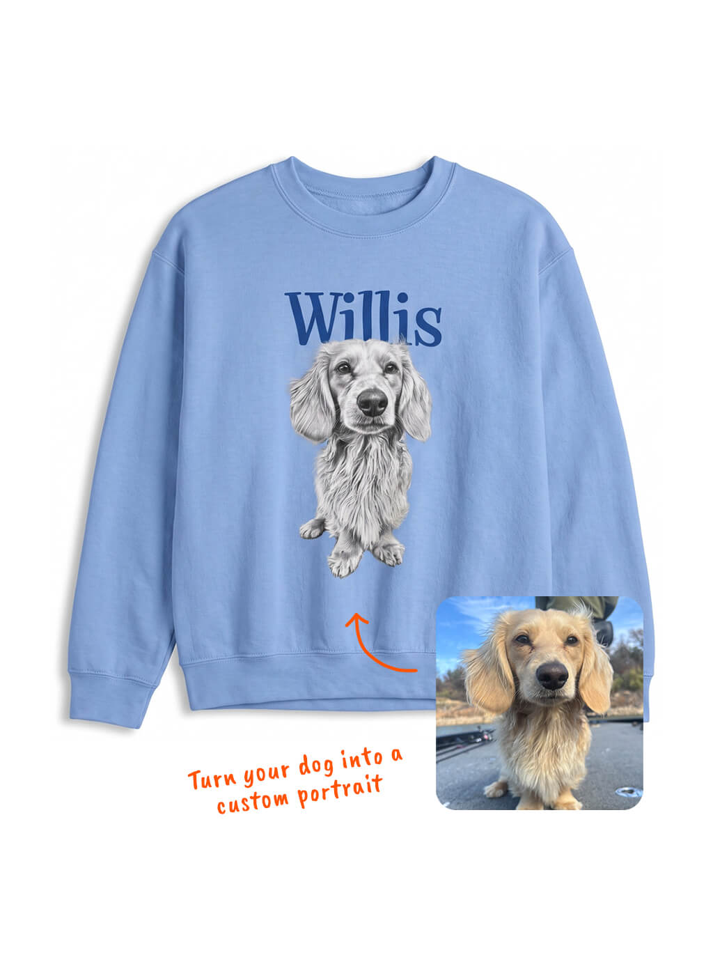 Blue Custom Dog Sketch Sweatshirt from WOOF, front view of the portrait
