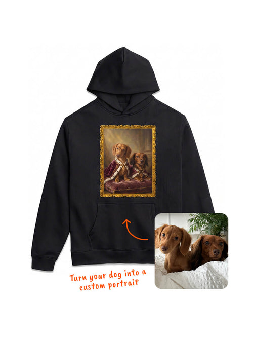 Black Custom Royal Dog Portrait Hoodie from WOOF with a regal framed portrait of your dog