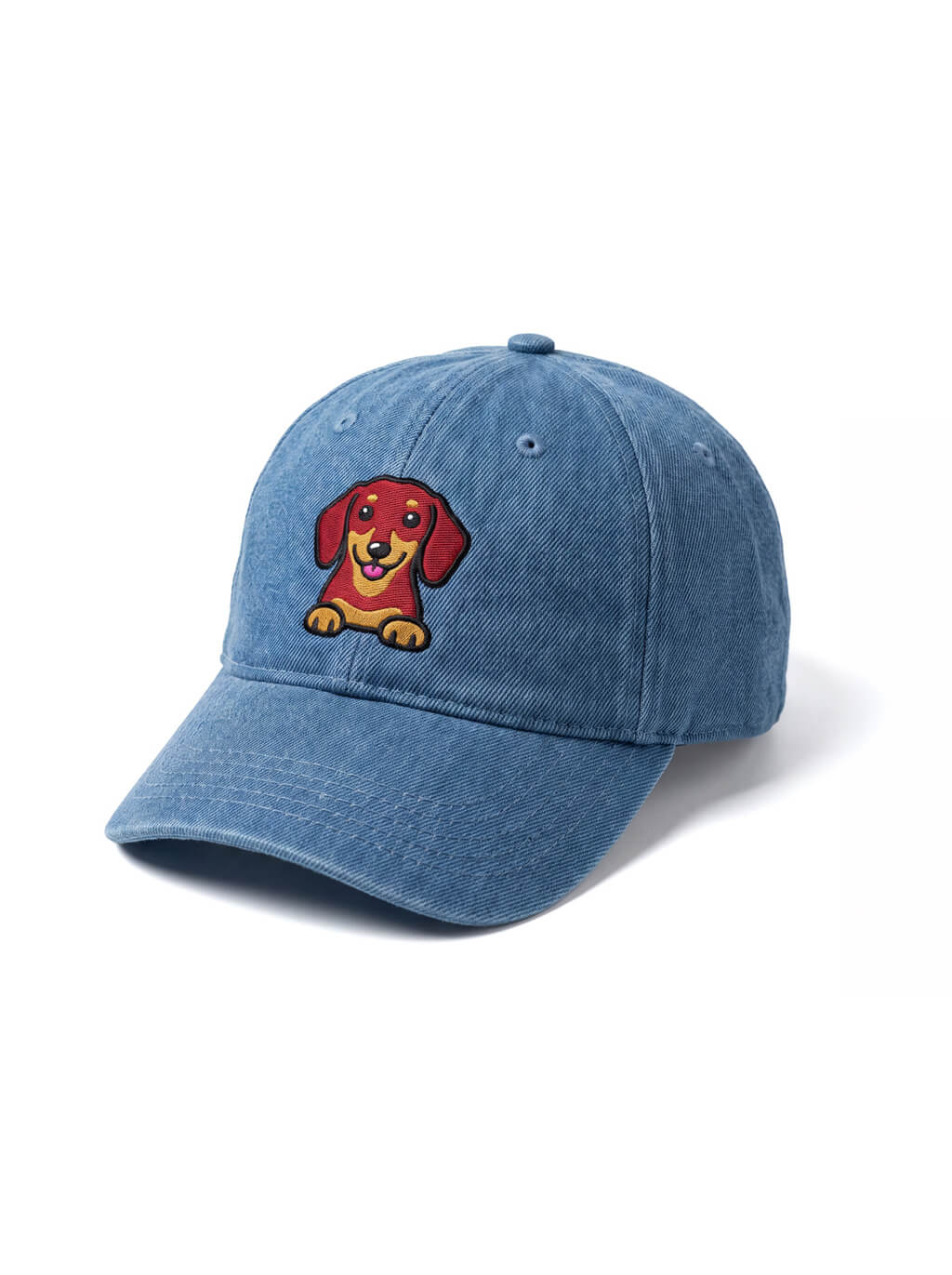 Dachshund Embroidered Denim Cap from WOOF, front view of the embroidery