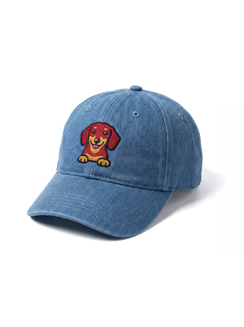Dachshund Embroidered Denim Cap from WOOF, front view of the embroidery