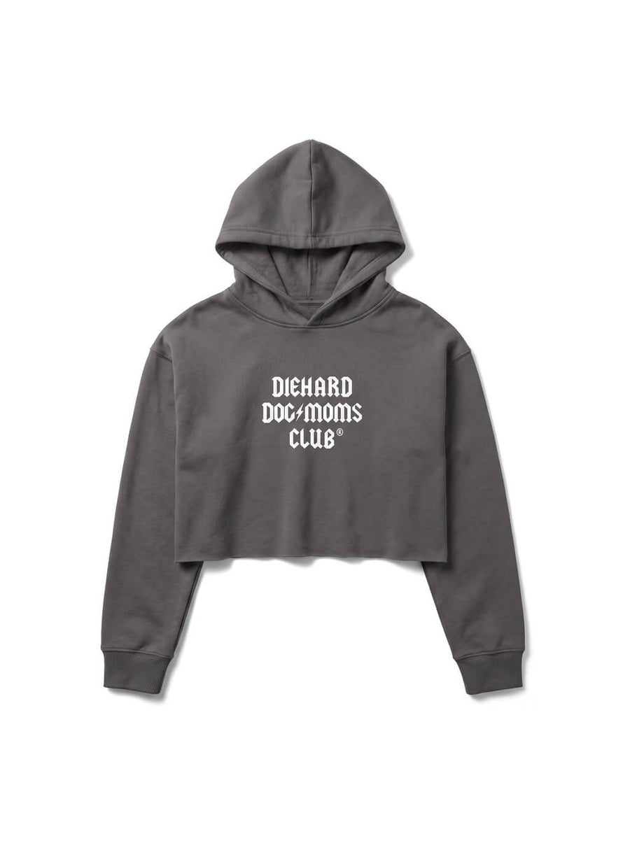 Grey Diehard Dog Moms Club Crop Hoodie from WOOF, front view of the print