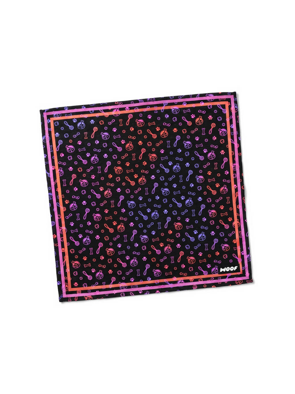 Black Playful Neon Dog Bandana from WOOF, front view of the print