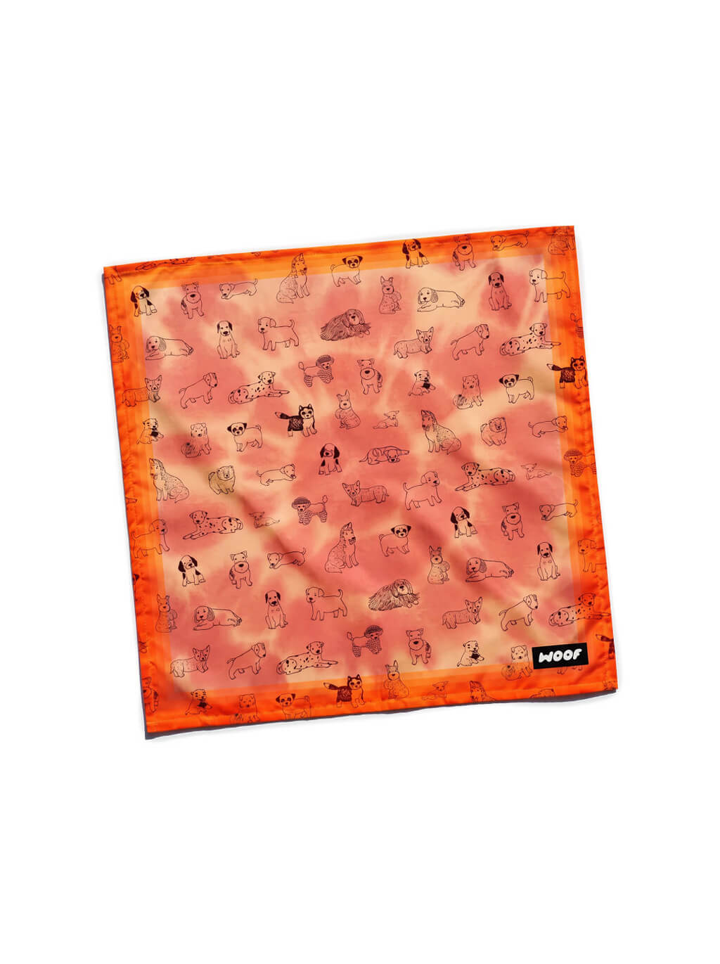 Orange tie dye dog bandana from WOOF, front view of the print