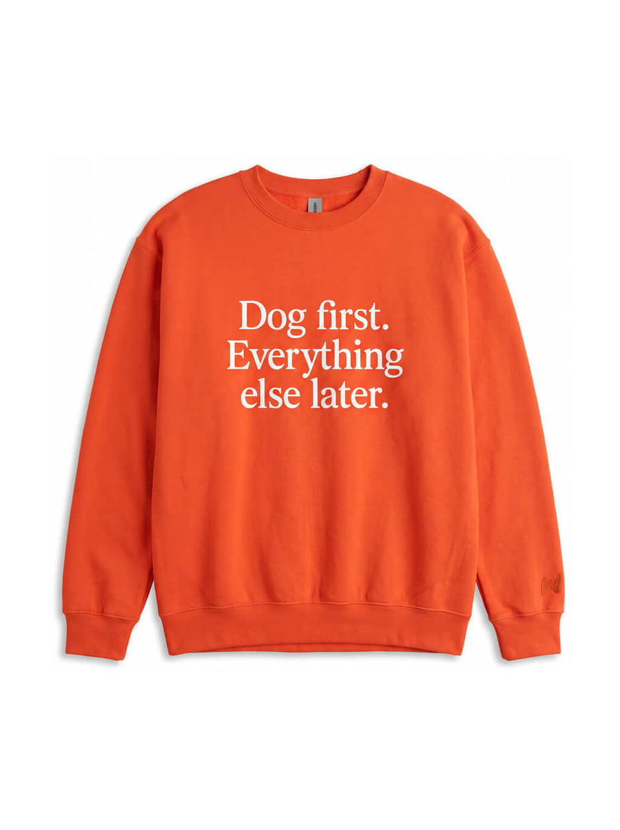 Orange Dog First Statement Sweatshirt from WOOF, front view of the print