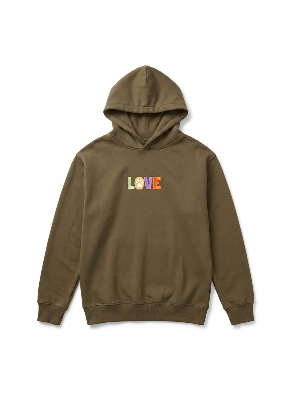 Olive Dog Love Hoodie from WOOF, front view of the print