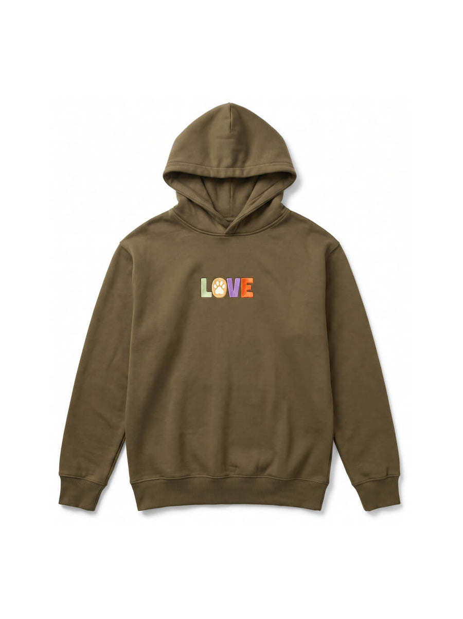 Olive Dog Love Hoodie from WOOF, front view of the print