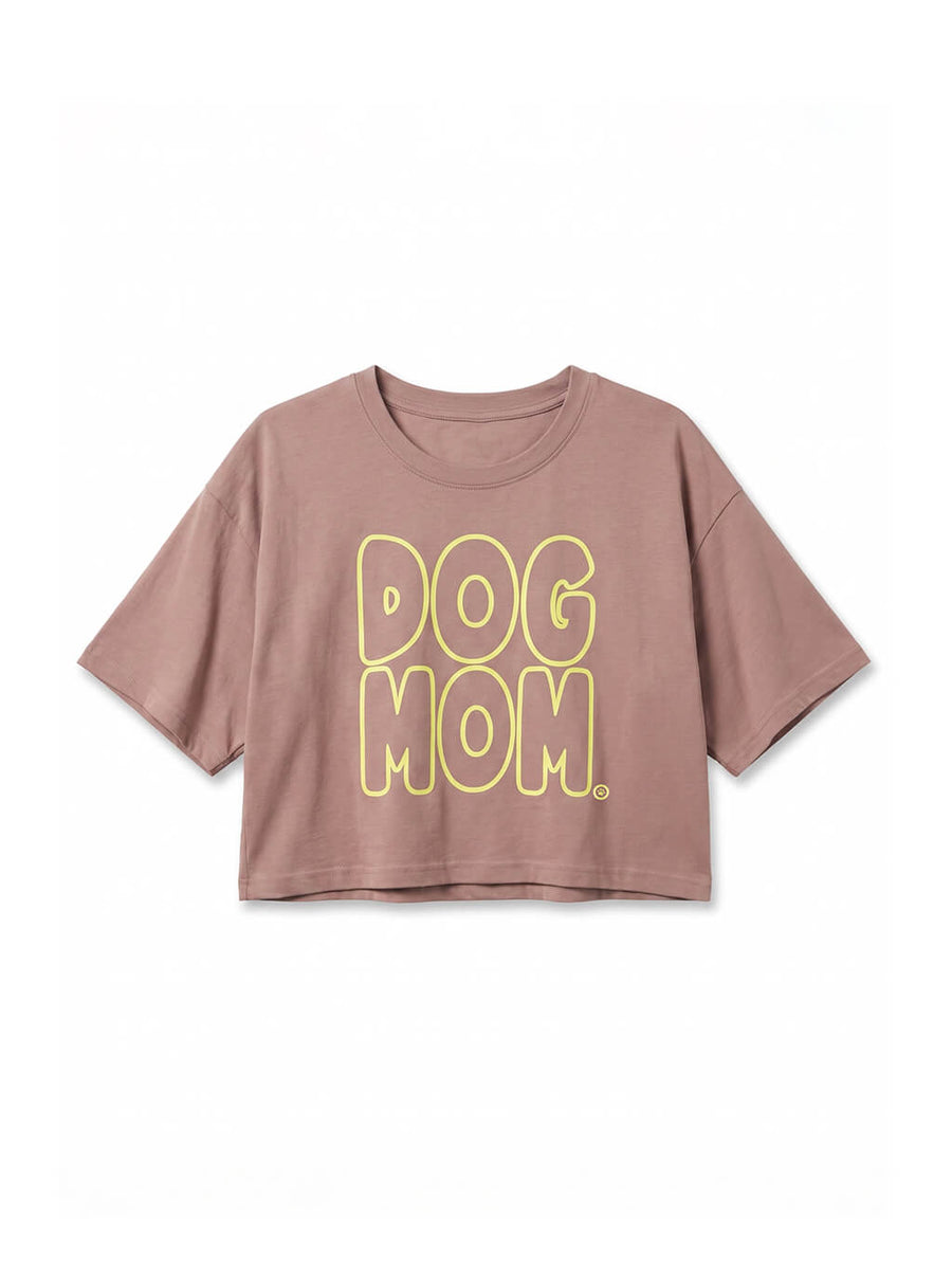 Brown Oversized Dog Mom Crop Top from WOOF, front view of the print