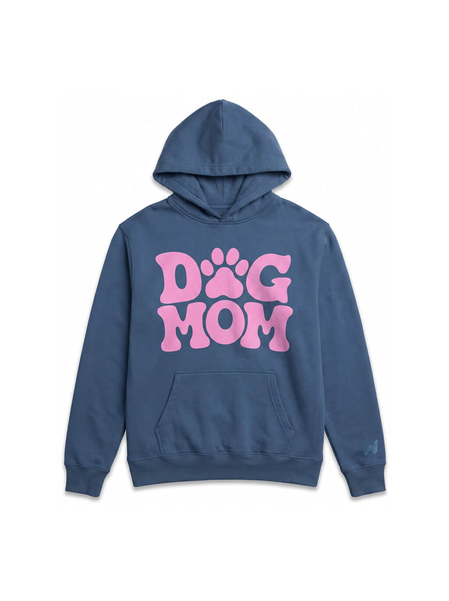 Blue Dog Mom Hoodie from WOOF, front view of the print