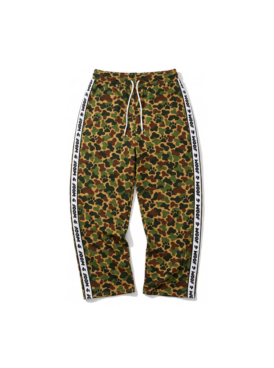 Camo wide leg paw print joggers from WOOF, front view